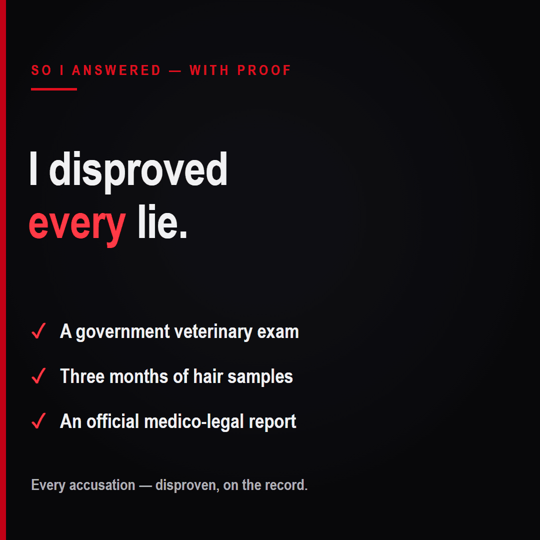 Every false claim, answered with documentation — a government veterinary examination, three months of hair samples, and an official medico-legal report.